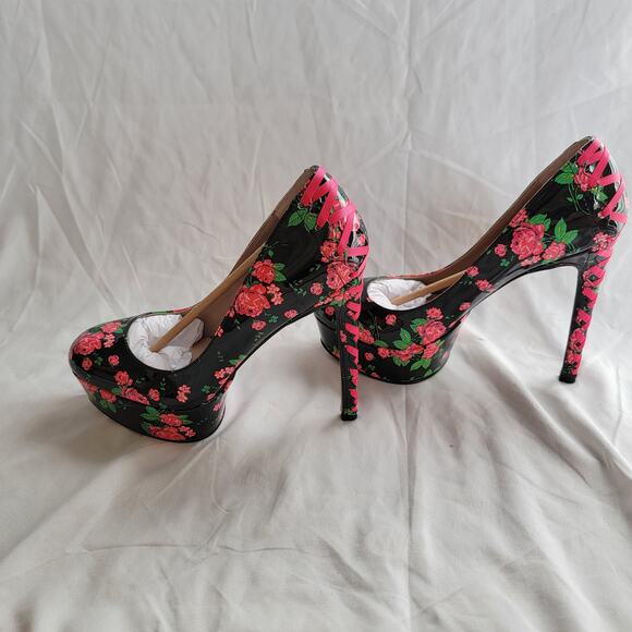 Betsey Johnson Black and Pink Floral Heels - Picture 10 of 14